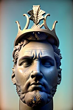 Ultra Realistic image, Roman sculpture, white marble material, Lionel Messi, gold crown of natural thorns, god crown, Renaissance style, sun rays background, waist up portrait, epic, celestial, cinematic lighting, God lights, 4k resolution, smooth details, soft lighting, unreal engine 5, art station, substance 3d.