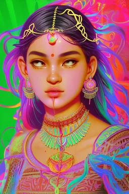 [vaporwave, straws, flows, colorful] Another figure approached. The ornamented headdress and anklets exuded the sound that alerted me. I concluded that it was an Indian girl, which gave me thoughts about my location. She drank and left.