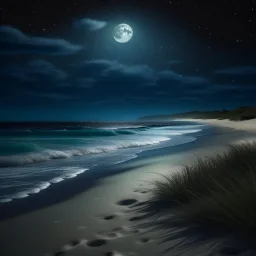 A tranquil beach at night, illuminated by a full moon and stars, with gentle waves lapping at the shore.