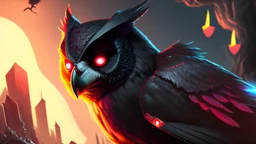 a Black shield evil Owl with fangs, bloodshot eyes, blood, horror, that looks into the camera, hyperrealistic, extremely detailed, 8 THOUSANDS mystical, trending on artstation, sharp focus, studio photo,Halloween Alchemist , high voltage, thunder light,closeup, proactive scene, provocative moving, action pose, modern and futuristic HD colored black and red decor beautiful black empty in a high voltage pumpkin, double exposure, halo, perfect composition, highly detailed,