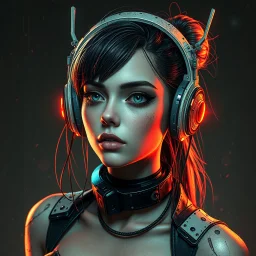 a pretty girl, cybernetic, retro futuristic, aged, damaged, stylised, digital art