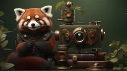 High-end state-of-the-art STEAMPUNK aesthetics flawless smiling cute photographer fluffy red panda, supreme cinematic-quality photography, sage green and honey brown pure leather clothes, Art Nouveau-visuals,Vintage style with Octane Render 3D technology,hyperrealism photography, (UHD) with high-quality cinematic character render,Insanely detailed close-ups capturing beautiful complexity,Hyperdetailed,Intricate,8K,Hyperrealism craftwork