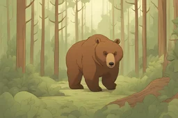 classic cartoon, fantasy forest with a brown bear, cell shading, green and brown] hues, clean lines, minimalism