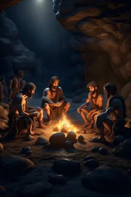 Stone Age men sitting around fire in a cave underground supernatural paranormal abandoned desolated ancient monuments candles night nighttime view unreal engine beauty beautiful the render photography sharp sharpness light lightning effects realistic surrealism surrealistic future futuristic fantasy fantastic artificial intelligence ai digital art artistic artwork wallpaper portrait legend legendary imagine imagination epic iconic cool wow artist mysterious aura atmosphere adventure interest