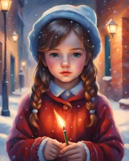 illustration art style, Match Girl, poor girl, oil pastel painting style, oil pastel painting, oil pastel art, close-up face, a little girl holds a lighted match in one hand, old knitted dress, adorable eyes, look at the camera, front view, brick wall and snowfall in the background, illustration, oil pastel painting, oil pastel painting style, colorful, vivid colors, high detail, high quality, 8k, masterpiece, best quality