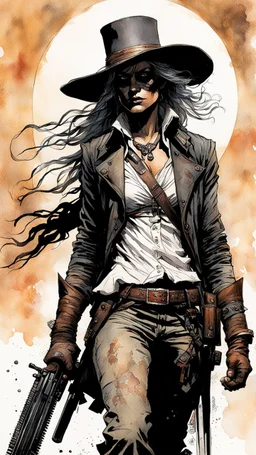 create an ink wash and watercolor, full body portrait of a mid 19th century Louisiana, aged female bounty hunter, Hunt: Showdown, La Luz Mala, in the comic book style of Warren Ellis ,Bill Sienkiewicz, and Jean-Giraud Moebius highly detailed hair and coarse, lined, rugged, weather worn feminine facial features, ragged, worn clothing, grainy, gritty textures, foreboding, dramatic otherworldly and ethereal lighting and colour