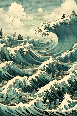Geburtstagsplakat mit grosser Zahl 30 mit Wellen und Surfer als wilde japanische Zeichnung mit kohle und Pastell ohne text