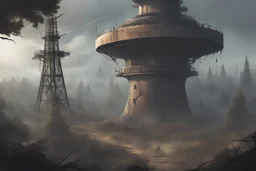 , radio tower, cinematic, apocalyptic background, comic book, forest