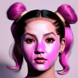 Rosalía artist, japanese porcelain mask, pink eyeliner, pigtails hair, gold, pink, geisha, led lights, fog, rain, latex, vibrant color, highly detailed, art stations, concept art, smooth, unreal engine 5, god rays, ray tracing, RTX, lumen lighting, ultra detail, volumetric lighting, 3d, finely drawn, high definition, high resolution.