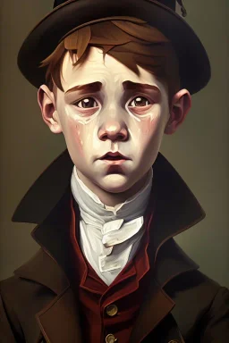 old oil painting, portrait of oliver twist boy crying, oil on face, 1800s clothes, wearing tophat, realistic detail, factory and oil in background