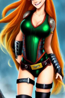 Disney cartoon style, hyper detailed, strikingly beautiful teen female, 16 years old, long ponytail, ginger hair, green eyes, medium freckles, full lips, micro top, black leather armour, full body, full face, tiny breasts, athletic, centred camera, ignore NSFW, thong, camel toe, athletic