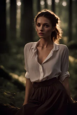 8k portrait of an enchanting, open blouse, beautiful, young woman, tight shirt, looking to the camera, in forest, messy bun, dark brown hear, realistic photo, full font of body, photograph like photo, height detail photo, hips to face body, model, average size, scandinavian, breathtaking woman, smooth hair elegantly, natural beauty, gentle shadows and highlights, outside, super sharp focus