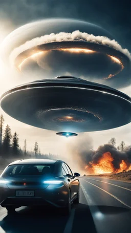 The image shows a photograph with a science fiction theme. Reflected in a side-view mirror, we see a car with passengers, driving on a desolate road. In the background, a large UFO hovers in the sky while multiple explosions erupt in the distance, sending up clouds of smoke and fire. The mirror's border frames this chaotic scene, juxtaposing a calm, seemingly oblivious drive with the dramatic events unfolding behind.