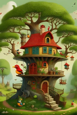 Une petite maison en bois, perchée au sommet d'un grand arbre aux branches robustes, au milieu d'une forêt dense et verdoyante. La maison a des fenêtres rondes, une porte rouge et une cheminée qui fume. Des oiseaux colorés et des écureuils curieux se promènent autour de la maison, tandis qu'un ruisseau scintillant coule à proximité.