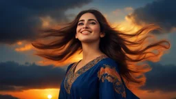 Hyper Realistic Photographic Side View Of A Extremely Beautiful Pakistani Pashto Young Woman (With Beautiful Green Eyes & Long Hair Whirling From Cold Breeze, Wearing Beautiful Navy Blue Frock With Golden Embroidery), Happily Looking At The Dramatic Cloudy Sunset And Giving A Bold Smile, With Navy-Blue Sky & Dark Clouds With Orange Sunset Sky, Showing Dramatic And Cinematic Ambiance.