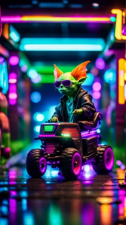 portrait of ghost Gremlin myth buster pimp ninja yoga cyber punk in flying hipster lawn tractor parked in dark neon lit reflective wet arcade hall tunnel,bokeh like f/0.8, tilt-shift lens 8k, high detail, smooth render, down-light, unreal engine, prize winning