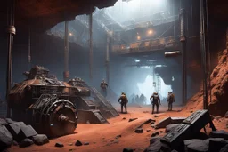 sci-fi enslaved in a mine, the group is mining in terrible conditions, they use dusty and rusty high tech tools