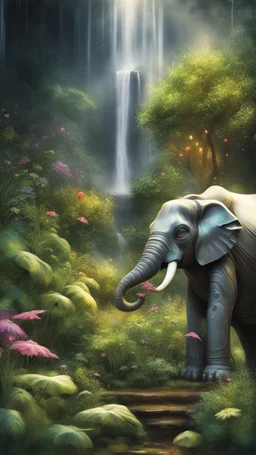 portrait of robot elephant in the garden, waterfall and elves ,lotsa wild weed, in spotlight, magazine cover illustration with spray paint, signed, bokeh like, down-light, unreal engine, prize winning