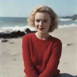 Childish Norma jeane baker in a red woollen sweater, on the beach, in the sun