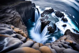 massive intimidating rock cliffs ascend all around and further up out of view. far below, the stormy ocean swirls intimidatingly. The ocean water falls off a waterfall down into a circular pit