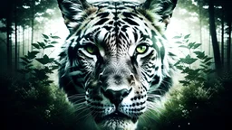 a surreal double exposure photograph depicting a silhouette a face of a siberian tiger and a dense jungle, background should be minimalist and grey, hd ,utr, photogenics, hints of green luminescence