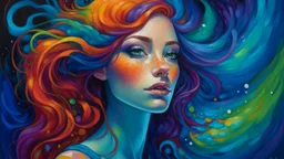 A captivating and surreal portrait of a young woman with rich, multi-colored hair cascading down her shoulders. Her vibrant locks, remini scent of an aurora borealis, are a dazzling blend of blues, oranges, and purples. Her eyes, a striking shade of blue, gaze intently at the viewer, while freckles decorate her cheeks like sprinkles on a delicious treat. The highly detailed and intricately shaded artwork exudes a cinematic quality, with rich colors and blended hues that transport the viewer to