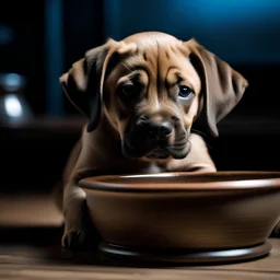 Puppy resting beside a water bowl.