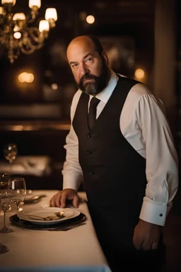 half figure shot photography of a 42 years old serious sicilian waiter in uniform, similar to Bud Spencer, shaved hair, muscular bearded strong chubby man with hands in the pockets, in an elegant empty restaurant, bulge, bullneck, manly chest, unshaved, short hair, photorealistic, dim light , side light, view from the ground