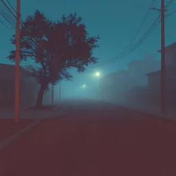 A schematic, nostalgic, vaporwave-style image of a dimly lit, foggy street in the outskirts with a pastel blue and brown color scheme. The street has a textured, rough surface. There is a tree in the corner. The background contains a few buildings. The overall atmosphere is eerie and foggy.