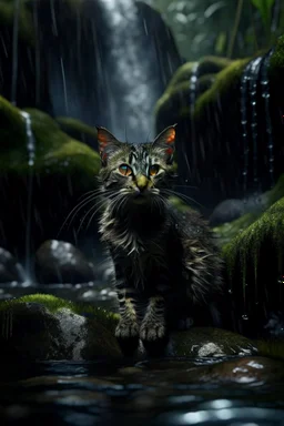 rat cat lost beauty contest through dark clouds, portrait in weird waterfall in front of rock column on bumpy road in moist swamp planet , photo-realistic, shot on Hasselblad h6d-400c, zeiss prime lens, bokeh like f/0.8, tilt-shift lens 8k, high detail, smooth render, down-light, unreal eng