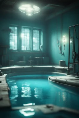 cyan pool in fallout 4 setting, bokeh, downlight, prize winning, depth of field, in the style of ivo caprino, backlight, aura