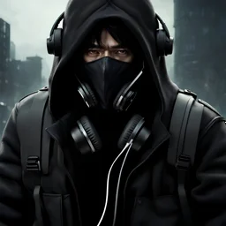 mysterious male Korean assassin, mask face, headphones, long hair, sweatshirt, post-apocalyptic background, dark and intriguing, confident, intense, handsome, 8K 3D