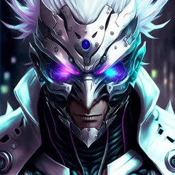 silver skinned anime Dragman cyberpunk with dragon mask in his eyes