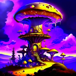 A fantabulous black, purple and yellow (((mushroom tower house))) erected atop a (geologic pillar), surrounded by the uncanny imaginative ((( swirling skies))), offset by the stark hues of a (neon-tinged nebulous space scape), within. captured by the hand a skilled master painter with a focus on (softly blurred compositions and voluminous lighting).