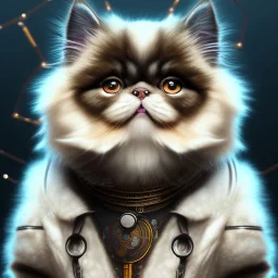 Cyberpunk Portrait of cyborg Persian cat child with brown hair and with cute face, north pole snowy vibe , perfect composition, hyperrealistic, super detailed, 8k, high quality, trending art, trending on artstation, sharp focus, studio photo, intricate details, highly detailed, by greg rutkowski
