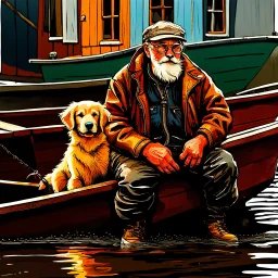 An old fisherman wearing waterproof trousers, round spectacles, a ragged brown leather jacket, wearing black rubber boots sits in a wooden boat sailing from the boat dock in a small fishing harbor towards the sea, next to him sits a golden retriever dog in the boat, it is raining, reflections of splashing oil paint Old houses in dull background colors of a port town in the Faroe Islands. Textured pictorial fantasy is artistic. Oil paint splattered intuitively. Very dull colors.