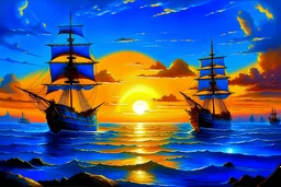 ships sailing into a blueishsunset