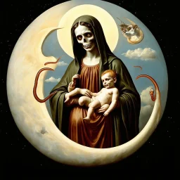 Visual Necromancy, zombie Madonna cradling an anthropomorphic worm baby on the moon, horror art conceived by Hieronymus Bosch, middle-ages surrealist painting, putrescence essence