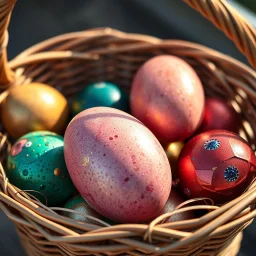 digital photograph of off-center modern basket colorful Easter eggs. eggs display intricate textures in azure, emerald, blush, crimson, sapphire, and gilded metallic hues. cinematic HDR backlighting highlights subtle dimples and glossy reflections, with shallow depth of field softening the sunlit background. hyperrealistic 8k resolution, rustic ambiance,