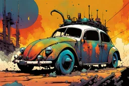 create an abstract, stripped down, post apocalyptic Volkwagen beetle rat rod with highly detailed features, lost in a horrific industrial wasteland, in the comic book art style of Bill Sienkiewicz, Mike Mignola, and Jean Giraud Moebius , searing lines , forceful strokes, precisely drawn, inked, and colored