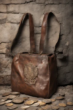 in the BASEMENT there is an old, broken brown oblong leather chest with short handles, from which gold coins from the time of Catherine the Great fall out. The ancient coat of arms of tsarist Russia, the double-headed eagle, is BARELY VISIBLE on the bag. There are a lot of broken bricks and earth around the bag. All in high quality 8K