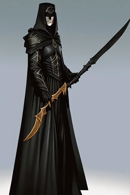 A commander with a black cloak and a long coat with long combat boots and a long spear with his Helmet is golden under his cloak like assasins With a magical power in his hand