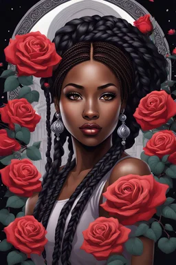 envision a closeup of a beautiful black female, with braids, in the midst of a rose garden, facing the front, large gray eyes, mystical fantasy, chaos