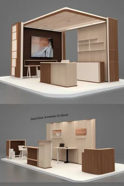 Corner exhibition stand in light colors with wood elements with two meeting areas