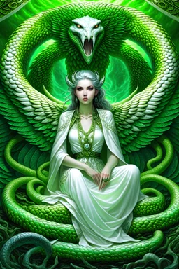 White angel with green makeup on, textured realistic snakes around sitting on a thrown extremly detailed concept art