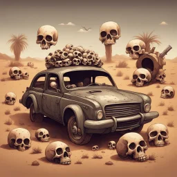 Fatal Order in cute junk art style. Make me a picture of an old car The car is surrounded with human skulls in the desert
