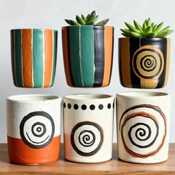 "A set of handmade ceramic planters with a rustic, tribal-inspired design. Each planter features vertical stripes and spiral motifs in a palette of earthy and muted colors, including shades of orange, teal, green, and black. The designs include rough, hand-painted textures with visible brush strokes, giving each planter a unique, artisan look. Some planters have alternating colored stripes, while others display spiral patterns inside circular frames. The ove