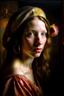 very detailed oil painting of a beautiful portrait of a 30 year old woman, realistic skin texture, perfect eyes, soft skin lighting, flower in her hair, looking into the camera, johannes vermeer light, soft atmospheric light, muted colors