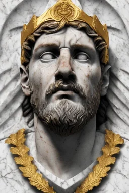 Ultra Realistic image, Roman sculpture, white marble material, Lionel Messi, gold Laurel leaves wreath, god crown, baroque ornaments, one gold star in heart, sun ornament, sun rays background, chisel style, waist up portrait, emperor style, epic, celestial, cinematic lighting, God light, god rays, 4k resolution, smooth details, ornate details, soft lighting, unreal engine 5, art station, substance 3d.