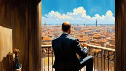 man is watching the city from the balcony painted by Caravaggio